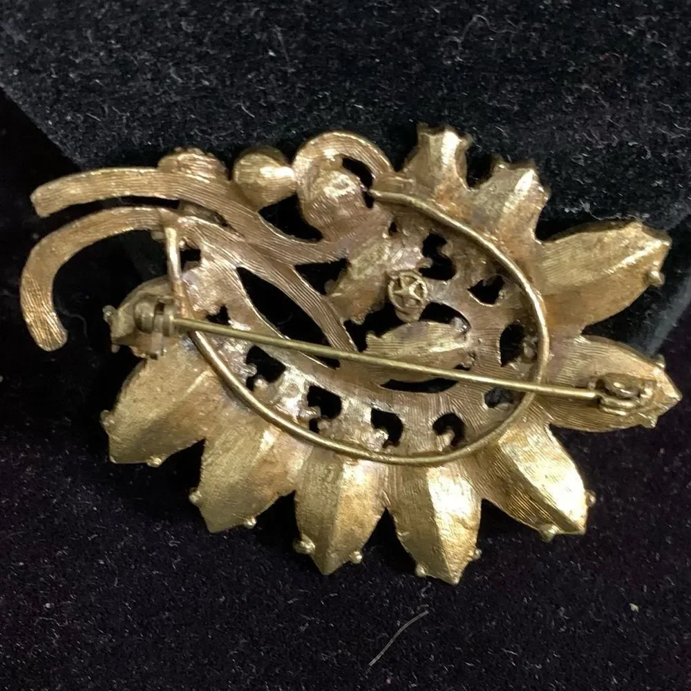 Brooch Orange and Brown Pin with Rhinestones H. D. Merritt Co. Signed Vintage